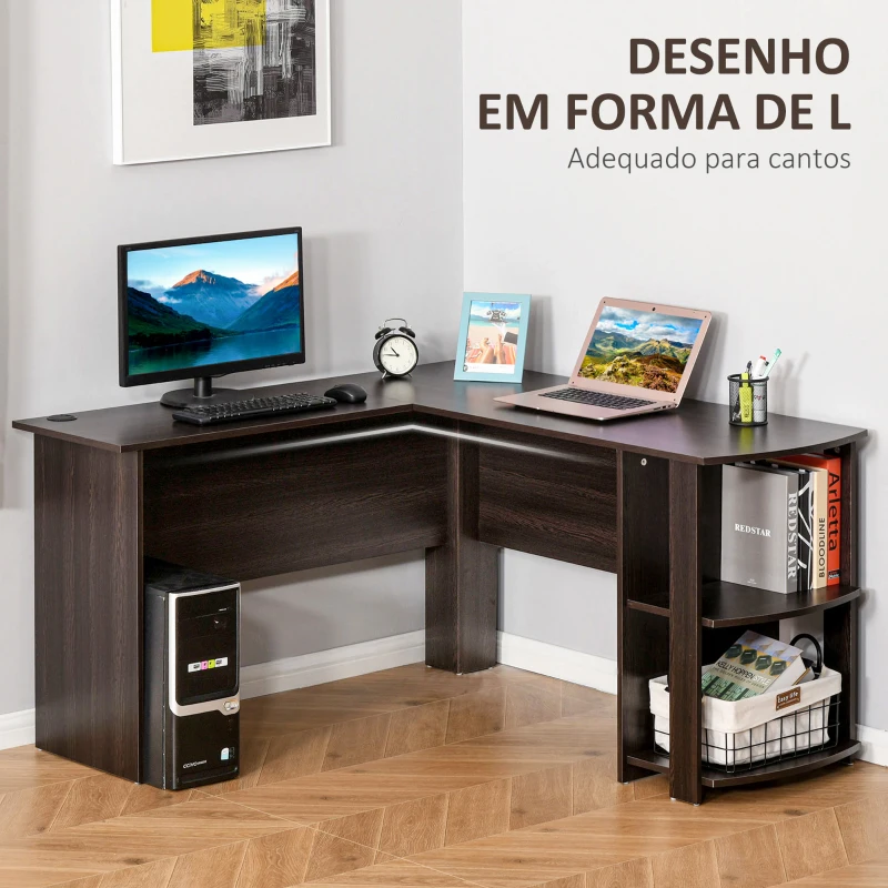HOMCOM Secretária de Canto Mesa de Computador para Escritório Casa em Forma de L com Prateleiras 136x130x72 cm Marrom Escuro