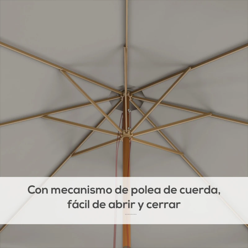Outsunny Sombrilla de Jardín Ø325 cm con Sistema de Polea Techo de Ventilación y 8 Varillas de Bambú para Patio Terraza Gris