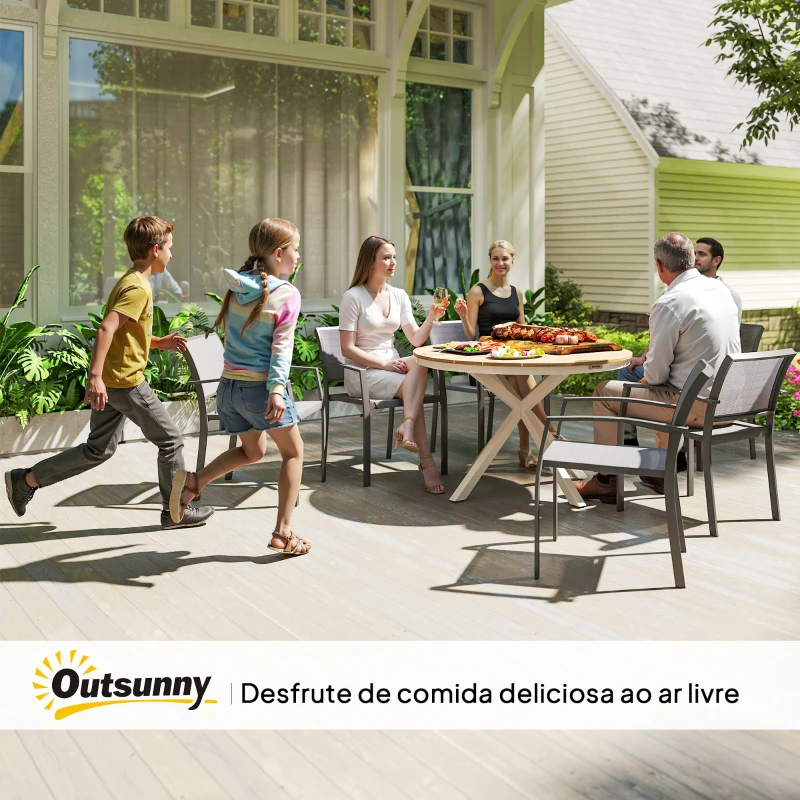 Outsunny Mesa de Jardim Redonda Mesa de Exterior Ø118x74 cm com Estrutura de Alumínio Pés Cruzados e Bancada em Ripas Madeira e Branco