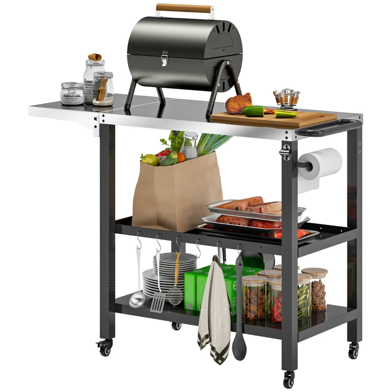 Outsunny Carrito de Parrilla para Jardín Carro de Servicio con Encimera Estantes Lateral Plegable y Ruedas 116x50x86 cm Negro