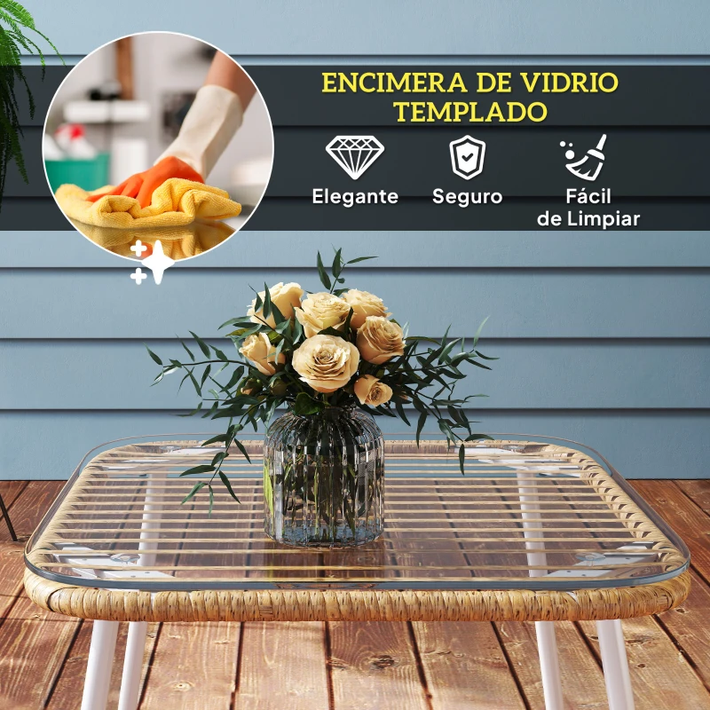 Outsunny Mesa de Jardín de Ratán Sintético con Encimera de Vidrio Templado y Patas Ajustables para Exterior 50x50x44 cm Natural