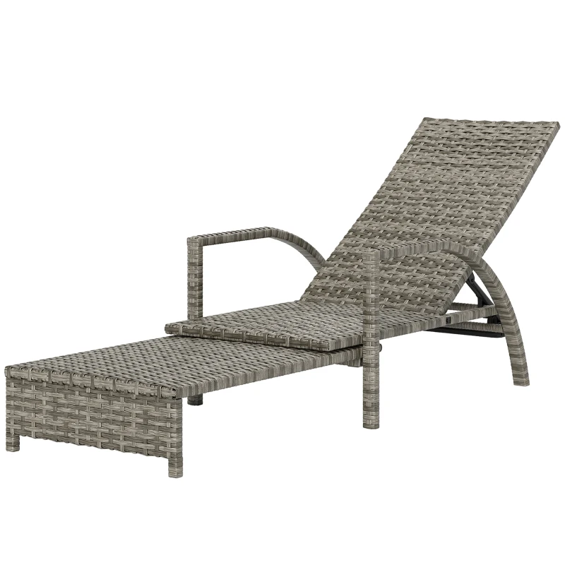 Outsunny Reclining Rattan Lounger, with Extending Footrest - Grey