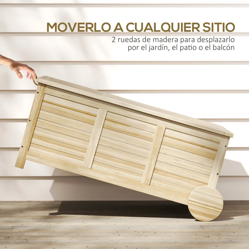 Outsunny Baúl de Madera Exterior de 185L con 2 Ruedas Cuerdas de lino Bisagras Metálicas y Forro Interno 110x50x50 cm Natural