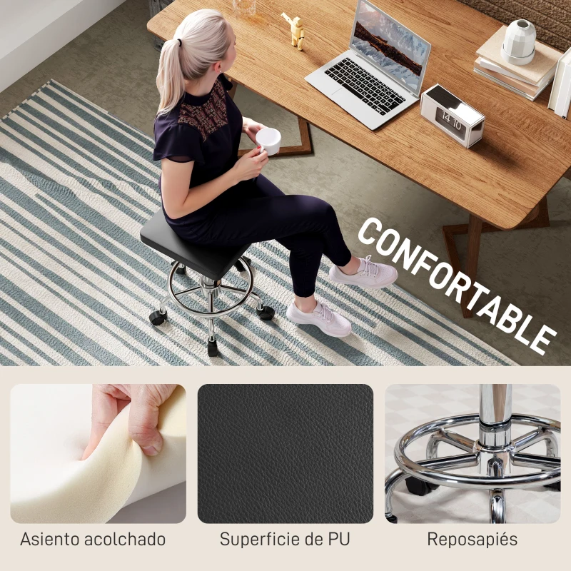 HOMCOM Taburete Giratorio Ajustable Con Asiento Acolchado Reposapiés y Ruedas para Salones y Talleres 34x34x50-66 cm Negro