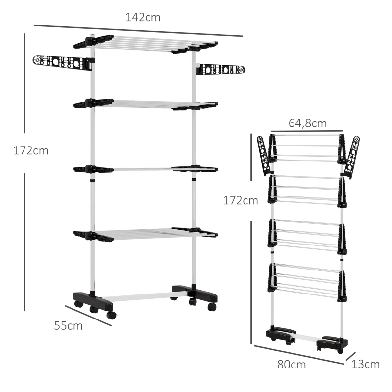 HOMCOM Tendedero Vertical de 4 Niveles con Ruedas 2 Laterales Abatibles Estantes Ajustables y Marco de Acero Negro y Plata