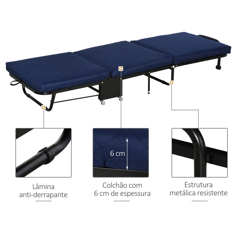 HOMCOM Cama dobrável portátil Cabeceira Ajustável em 5 Níveis de Ângulo Carga máxima 120 kg 184x65x26cm Azul