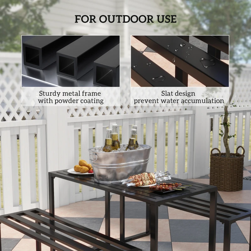 Outsunny Set da Pranzo, 3 Pezzi, 2 Panche e 1 Tavolino, per 4 Persone, in Metallo, Nero