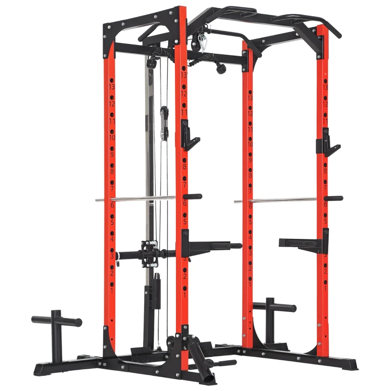 SPORTNOW Stație de Fitness cu Suport pentru Halteră, Discuri și Bară pentru Tracțiuni, 191x153x205 cm, Negru și Roșu