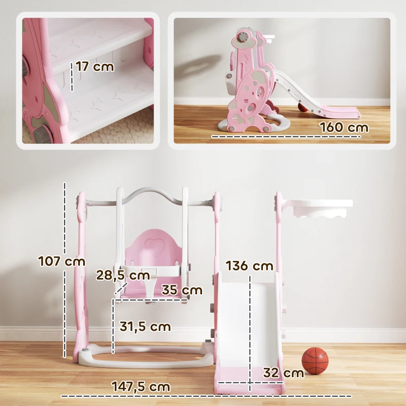 AIYAPLAY 4 en 1 Parque Infantil Interior para +18 Meses Conjunto con Trepador y Canasta con Temática de Cohete Rosa y Blanco