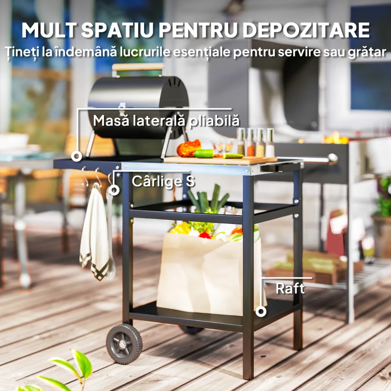 Outsunny Cărucior pentru Grătar cu Blat din Oțel Inoxidabil, Raft Pliabil și Husă de Protecție, 91x58x76 cm, Negru