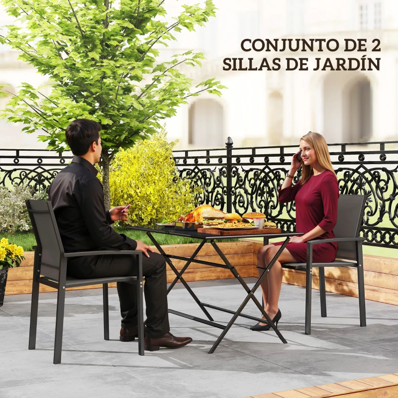 Outsunny Juego de 2 Sillas de Jardín Exterior Apilables con Tela Transpirable Reposabrazos y Respaldo 56x58x89 cm Gris Oscuro