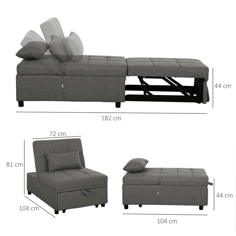 HOMCOM Fotoliu-Pat Individual 4 în 1 Convertibil în Șezlong și Taburet, 72x104x81 cm, Gri Închis(m-3)