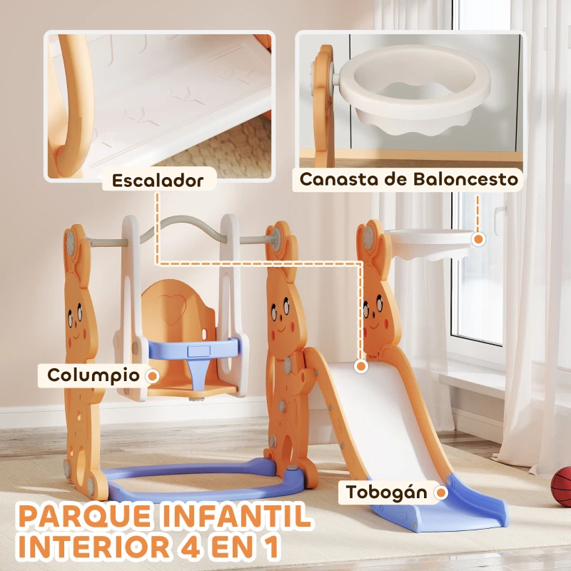 AIYAPLAY Tobogán Infantil con Columpio con Barandilla y Canasta 4 en 1 para Niños de +18 Meses 147,5x160x107 cm Naranja