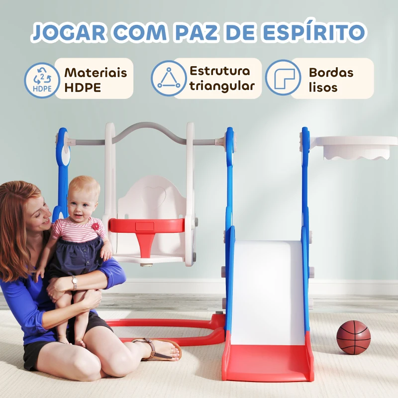 AIYAPLAY Escorrega Infantil 4 em 1 Parque Infantil com Baloiço e Escorrega Escalador Cesto de Basquetebol Temática de Foguete 147,5x160x107 cm  Multicor