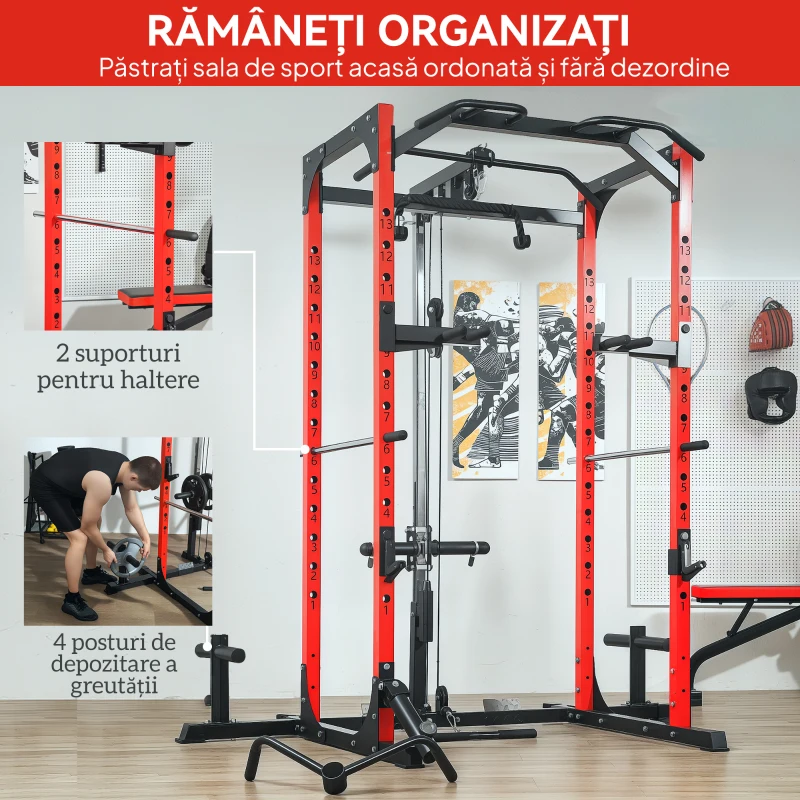 SPORTNOW Stație de Fitness cu Suport pentru Halteră, Discuri și Bară pentru Tracțiuni, 191x153x205 cm, Negru și Roșu