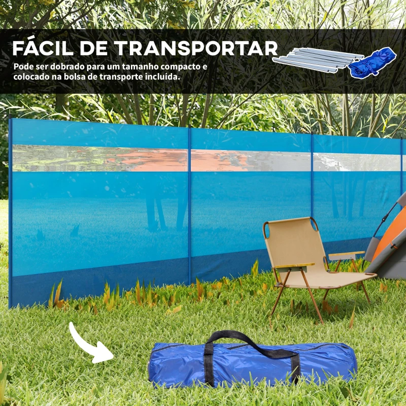 Outsunny Corta Vento para Campismo de 4 Painéis 725x140 cm com Painel Superior Transparente Postes de Aço Estacas e Bolsa de Transporte Azul