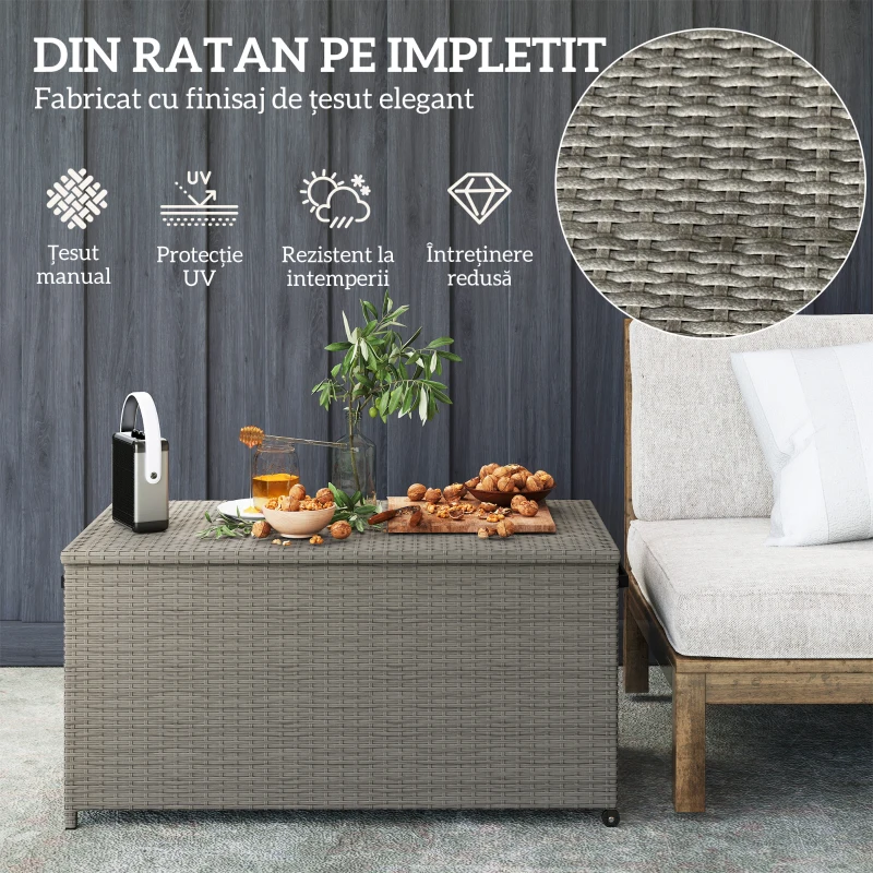 Outsunny Cufăr de Exterior de 184L din Ratan PE cu Roți, Mâner și Căptușeală Interioară Impermeabilă, 102x52x52 cm, Gri