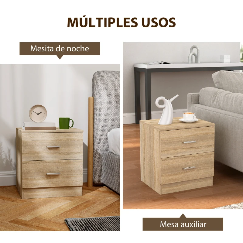 HOMCOM Mesilla de Noche con 2 Cajones Mesita Auxiliar para Salón Dormitorio Carga 30 kg 45x39,5x49 cm Natural