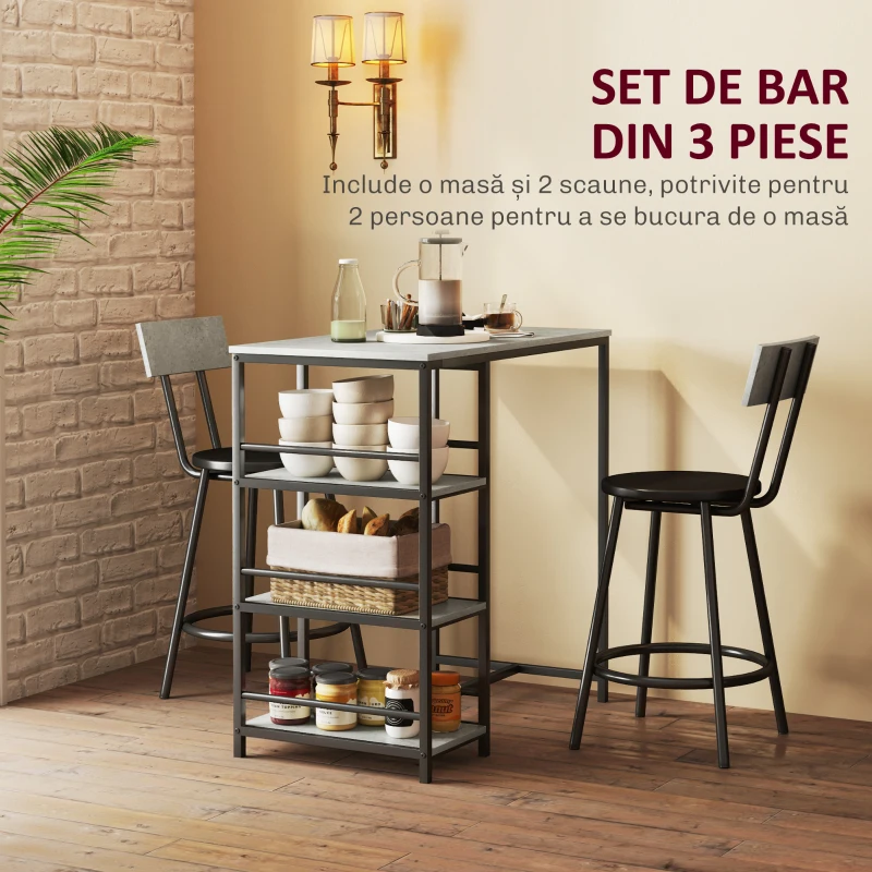HOMCOM Set Masă de Bar cu 3 Rafturi și 2 Scaune cu Spătar, 90x50x90.5 cm, Gri Deschis