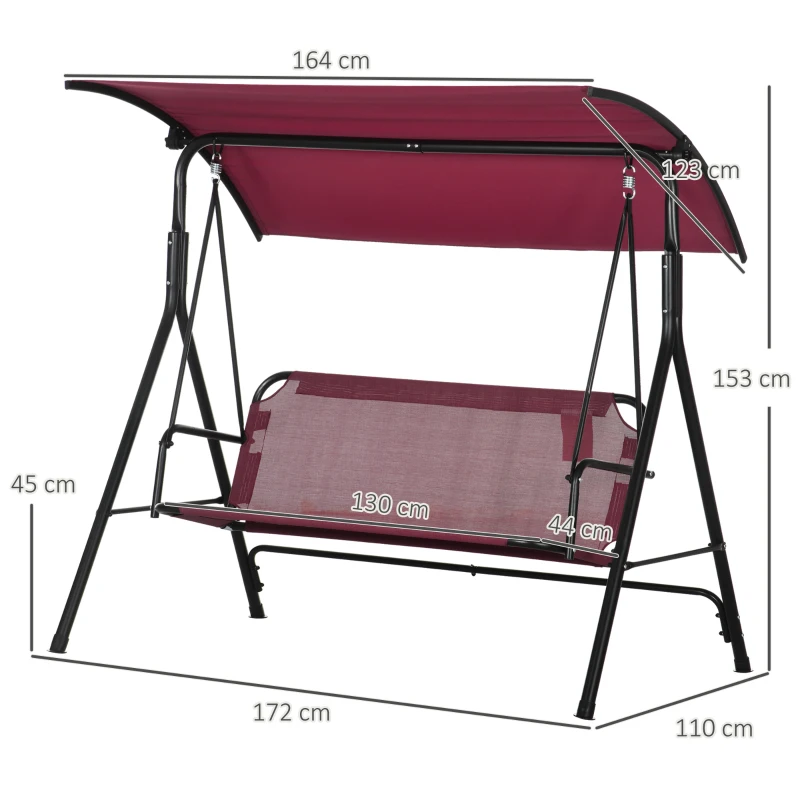 Outsunny Balansoar de Grădină cu 3 Locuri, Copertină Parasolar Reglabilă și Șezut Respirabil, 172x110x153 cm, Roșu Vin