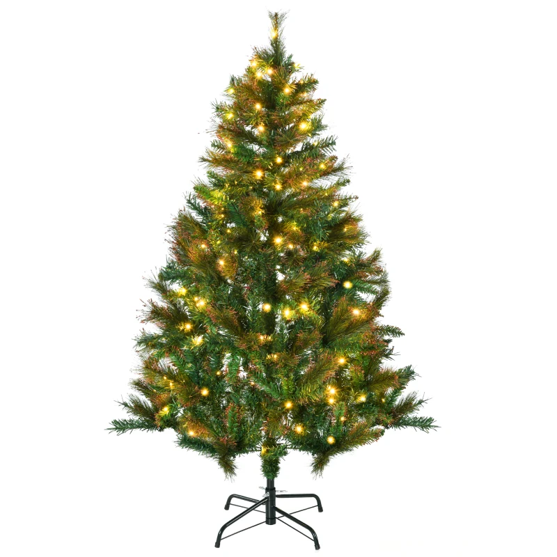 HOMCOM 1.5m 5ft Pre-Lit Christmas Tree Artificial Spruce Xmas Tree Warm White LED Holiday Décor with Metal Stand