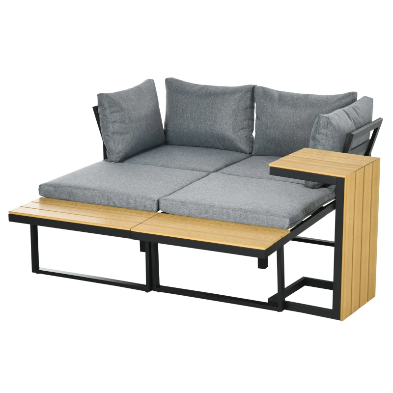 Outsunny Gartenmöbel-Set für 3 Personen Balkonmöbel mit Sitzkissen, Aluminiumrahmen, Holzoptik, Dunkelgrau+Natur