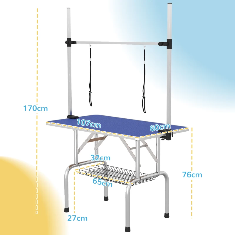 PawHut Tavolo da Toelettatura e Tosatura per 2 Cani, Regolabile e Antiscivolo, con Vassoio Porta Attrezzi, 107x60x170cm, Blu