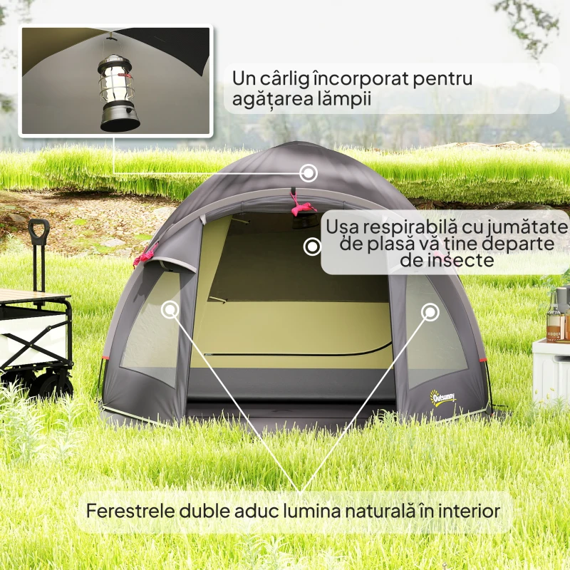 Outsunny Cort de Camping pentru 2-4 Persoane cu 2 Camere, Ușă, Ferestre și Geantă, 330x190x120 cm, Negru