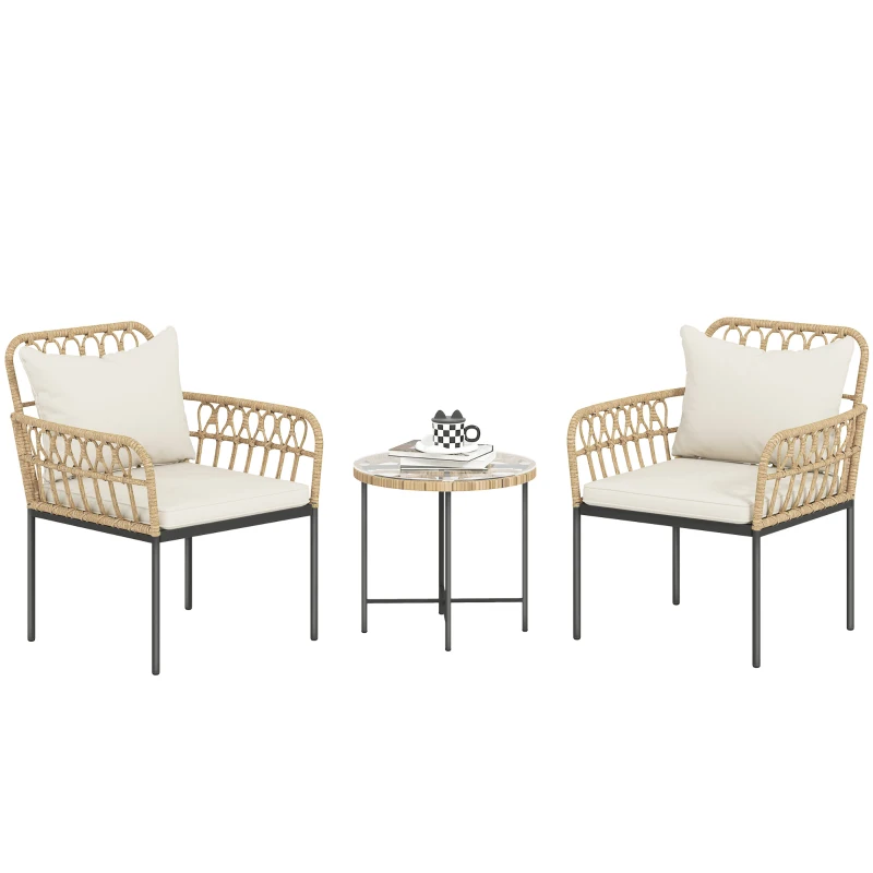 Outsunny 3 Piece Rattan Bistro Set, Wicker Garden Furniture Set with Cushions, Glass Top Coffee Table and Chairs for Outdoor, Patio, Balcony, Beige