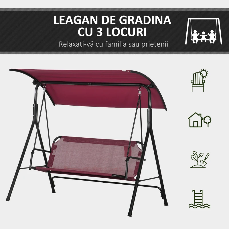 Outsunny Balansoar de Grădină cu 3 Locuri, Copertină Parasolar Reglabilă și Șezut Respirabil, 172x110x153 cm, Roșu Vin