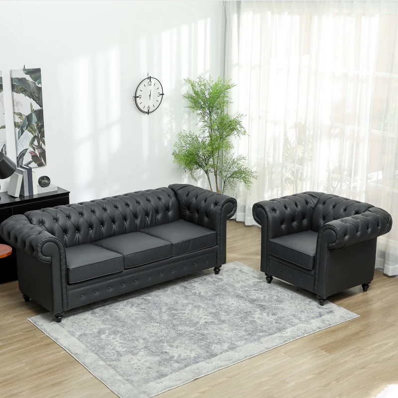 HOMCOM Fotoliu Decorativ Tapițat cu Butoni Decorativi și Picioare din Lemn, 105x86x79 cm, Negru