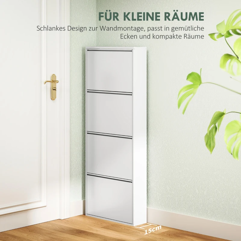 HOMCOM Schmaler Schuhschrank aus Metall für bis zu 8 Paar Schuhe, 4 Kippschubladen, für Flur, Eingangsbereich, Weiß(m-6)