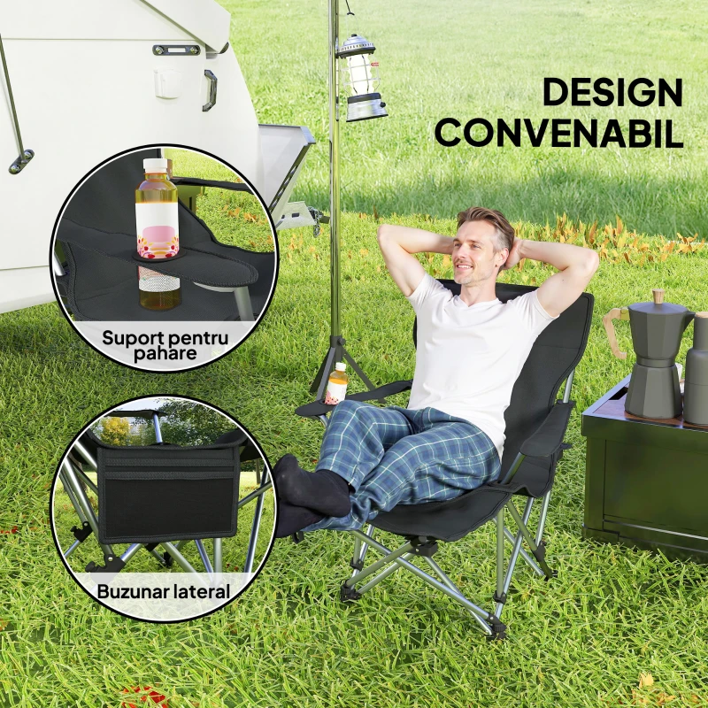 Outsunny Scaun de Camping Pliabil și Rabatabil cu Suport pentru Picioare Detașabil și Tetieră, 82x50/100x88 cm, Negru