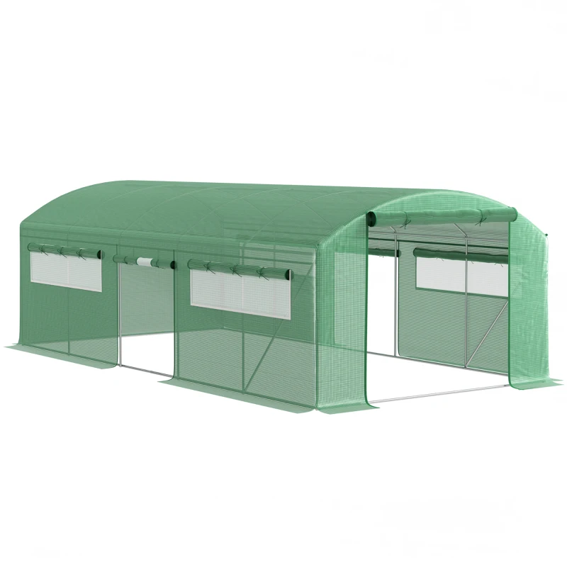 Outsunny Seră Tunel cu 3 Uși Rulante, 6 Ferestre, Țăruși și Frânghii, Seră de Grădină din Oțel Galvanizat, 6x3x2 m, Verde(m-11)
