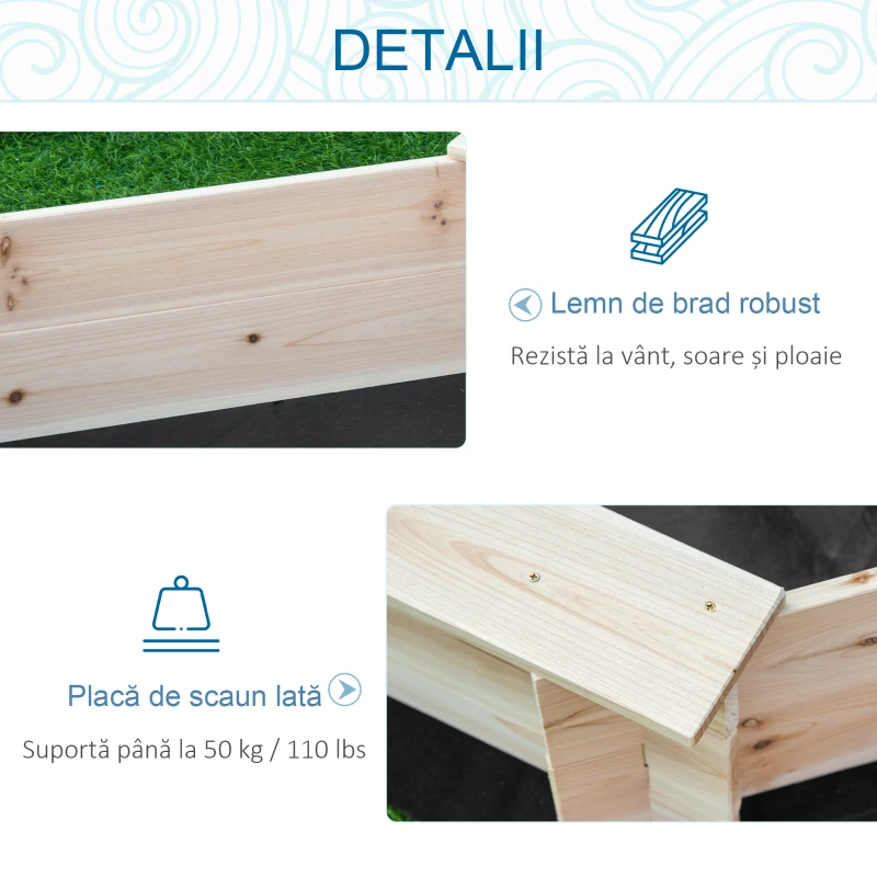 Outsunny Cutie de Nisip pentru Copii 3-8 Ani cu Scaune și Peliculă de Acoperire, 139,5x139,5x21,5 cm, Lemn Natural