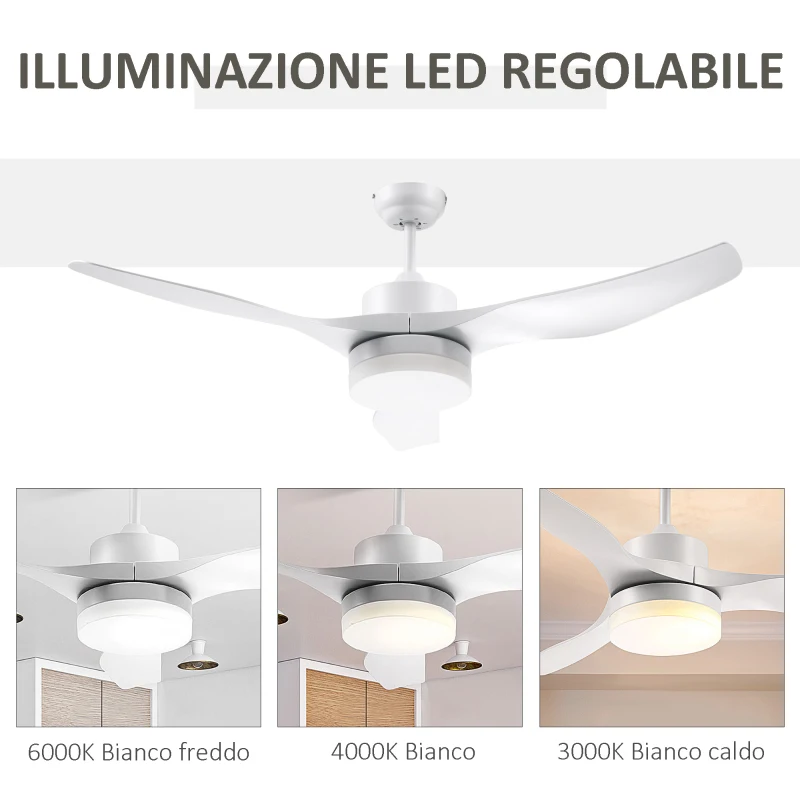 HOMCOM Ventilatore da Soffitto con Luce LED a 3 Modalità con Telecomando, 6 Velocità, Φ132x40cm