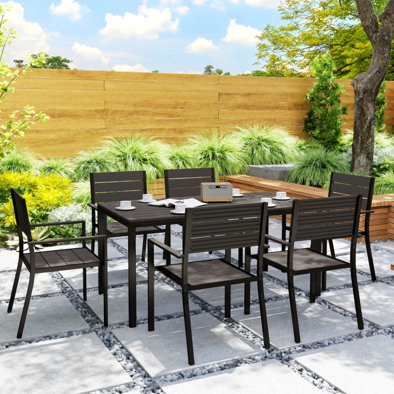 Outsunny Set Masă de Grădină din 7 Piese cu Masă și 6 Scaune cu Brațe, 160x80x74 cm, Maro