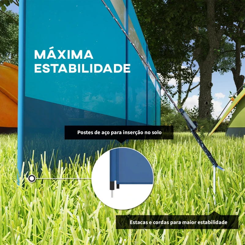 Outsunny Corta Vento para Campismo de 4 Painéis 725x140 cm com Painel Superior Transparente Postes de Aço Estacas e Bolsa de Transporte Azul