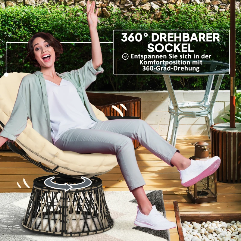 Outsunny Obrotowy Fotel Papasan z Rattanu 360° z Poduszką Średnica 90 cm w Beżu