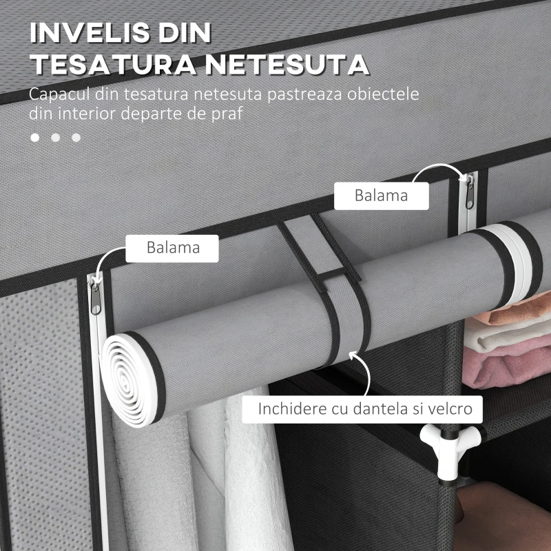 HOMCOM Șifonier din Pânză, Garderob Pliabil cu Rafturi și Sertare, Uși care se Rulează cu Fermoar, 125x43x162.5 cm, Gri