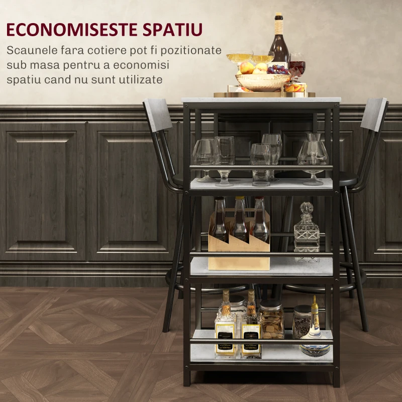 HOMCOM Set Masă de Bar cu 3 Rafturi și 2 Scaune cu Spătar, 90x50x90.5 cm, Gri Deschis