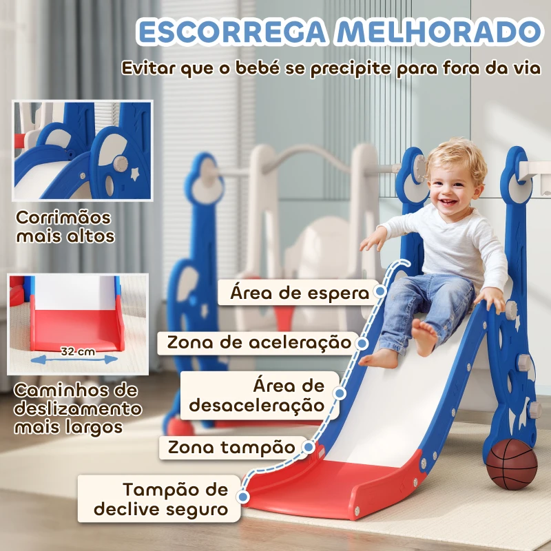 AIYAPLAY Escorrega Infantil 4 em 1 Parque Infantil com Baloiço e Escorrega Escalador Cesto de Basquetebol Temática de Foguete 147,5x160x107 cm  Multicor