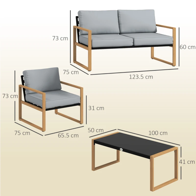 Outsunny Set Mobilier de Grădină din 4 Piese, cu Canapea de 2 Locuri, 2 Fotolii și Măsuță de Cafea, 123.5x75x73 cm, Gri