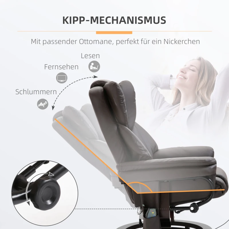 HOMCOM Relaxsessel mit Hocker, 360°drehbarer Fernsehsessel mit Massage, Liegefunktion, Massagesessel mit Seitentasche, Liegesessel, Kunstleder für Wohnzimmer Braun