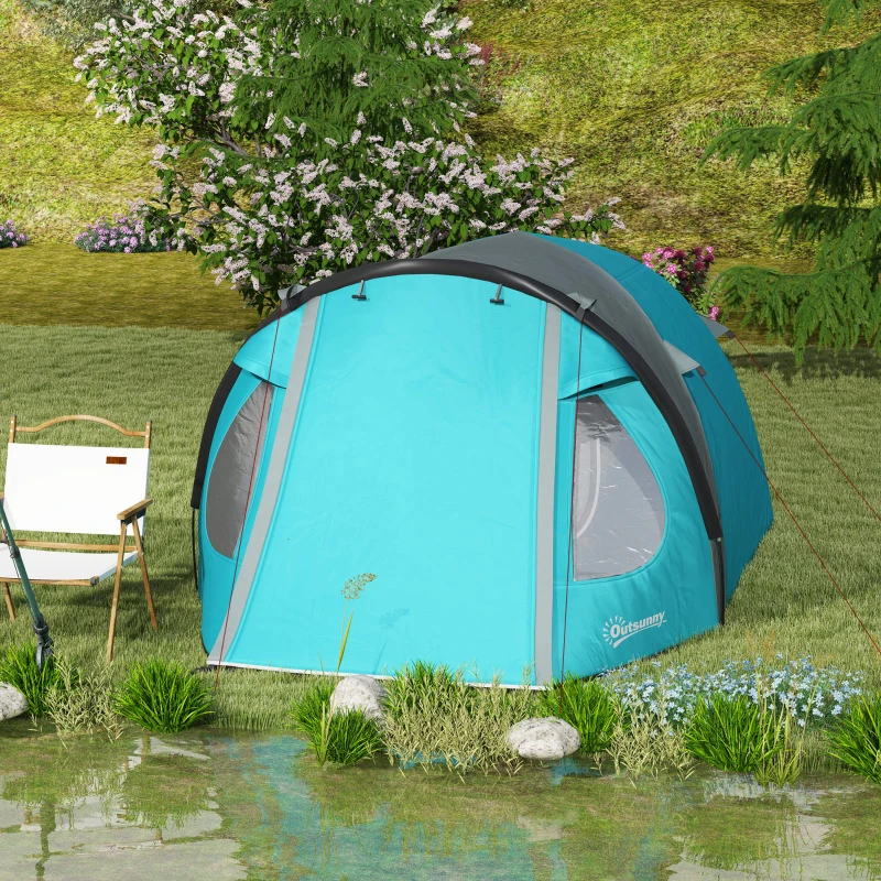 Outsunny Cort de Camping pentru 3 Persoane cu Cameră, Verandă, și Geantă de Transport, 3.23x2.48x1.5 m, Albastru(m-9)