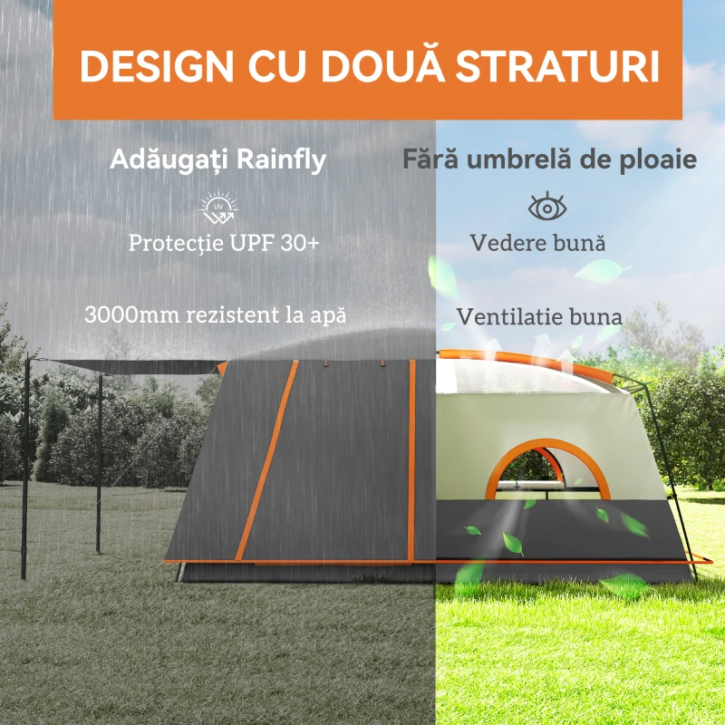 Outsunny Cort de Camping pentru 4-6 Persoane cu 2 Camere, Verandă și Geantă de Transport, 430x305x195 cm, Gri