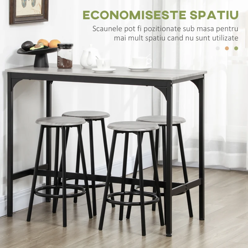 HOMCOM Set Masă de Bar și 4 Scaune cu Suport pentru Picioare, 110x50x89.5 cm, Gri