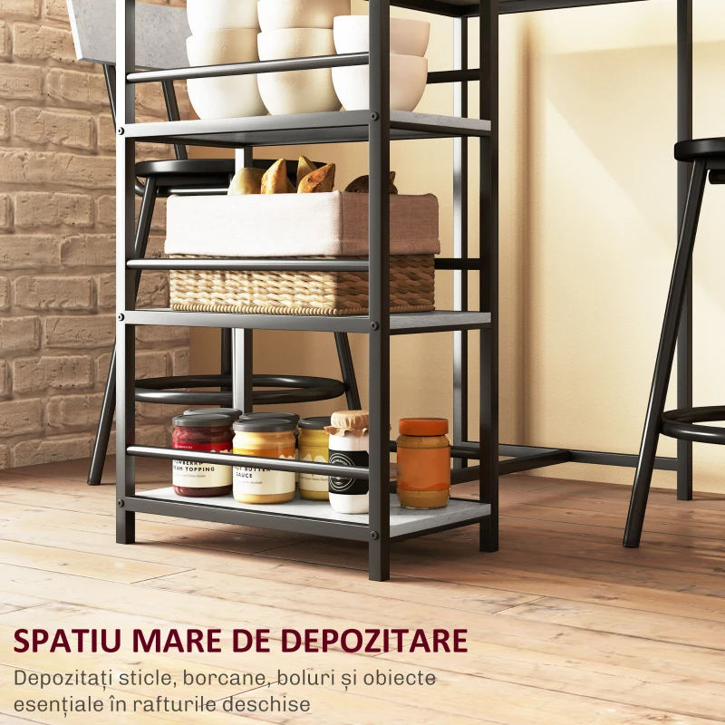 HOMCOM Set Masă de Bar cu 3 Rafturi și 2 Scaune cu Spătar, 90x50x90.5 cm, Gri Deschis