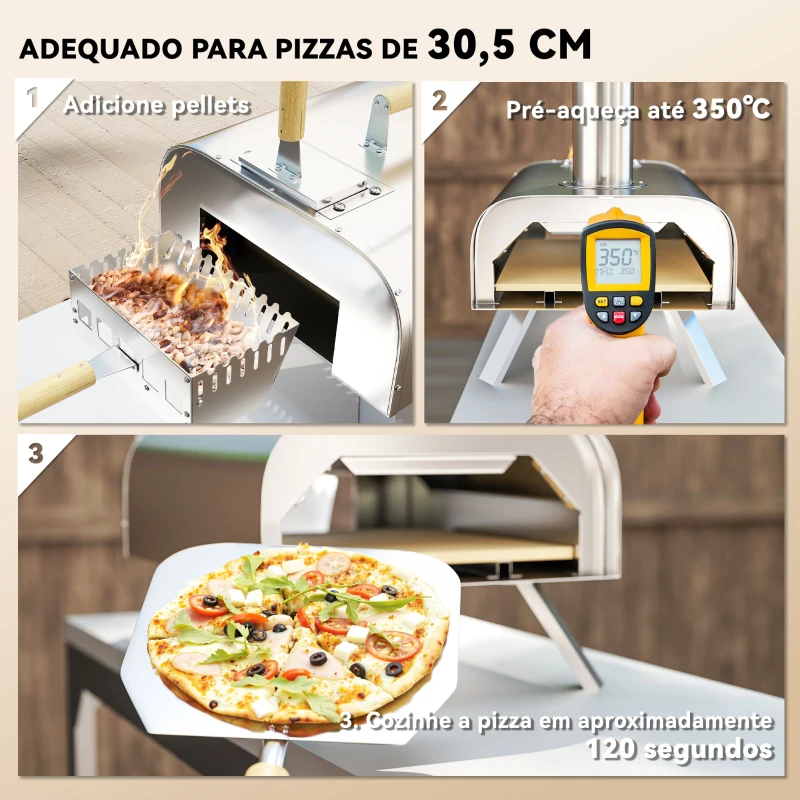 Outsunny Mini Forno a Lenha para Pizza com Pedra Refratária e Pá em Aço Inoxidável com Pés Dobráveis e Pegas 79x36x75 cm Prata