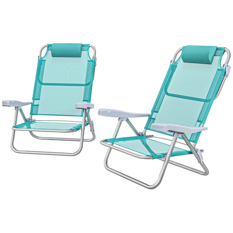 Outsunny Set 2 Scaune de Camping Pliabile cu Tetieră Căptușită și Spătar Reglabil în 6 Poziții, 62x65x80 cm, Albastru